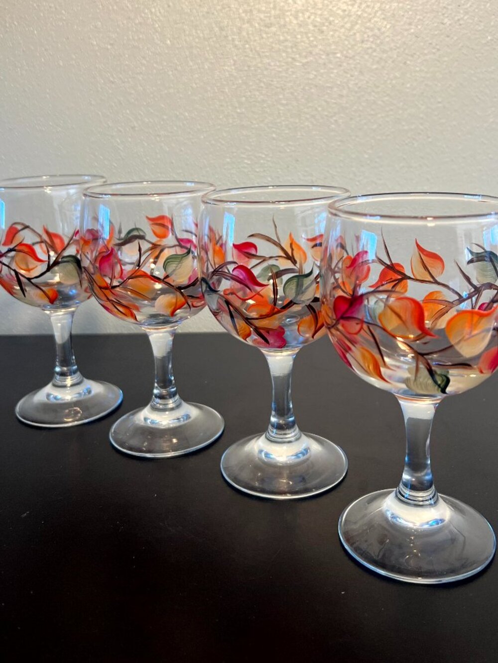 Vintage Set of 4 Hand Painted Autumn Fall Leaves Wine Glasses ~ Botanical